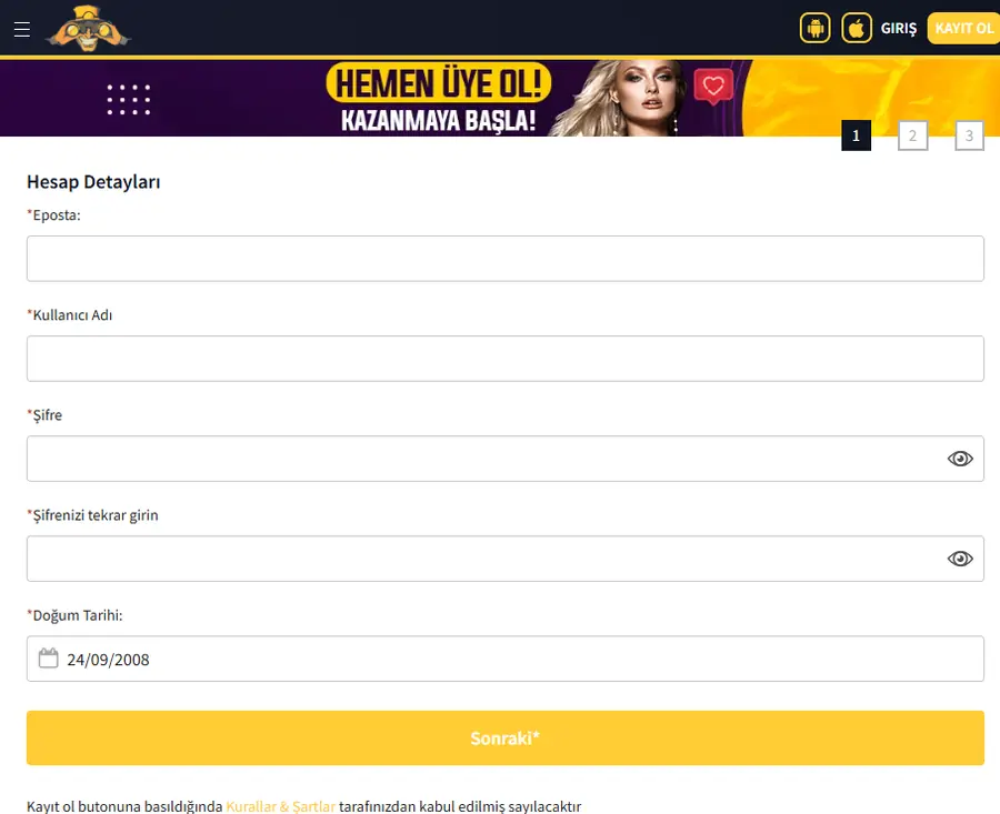 Holiganbet kayıt formu, hesap detayları adımı