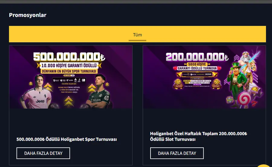 Holiganbet promosyonlar sayfası, spor ve slot turnuvası kartları